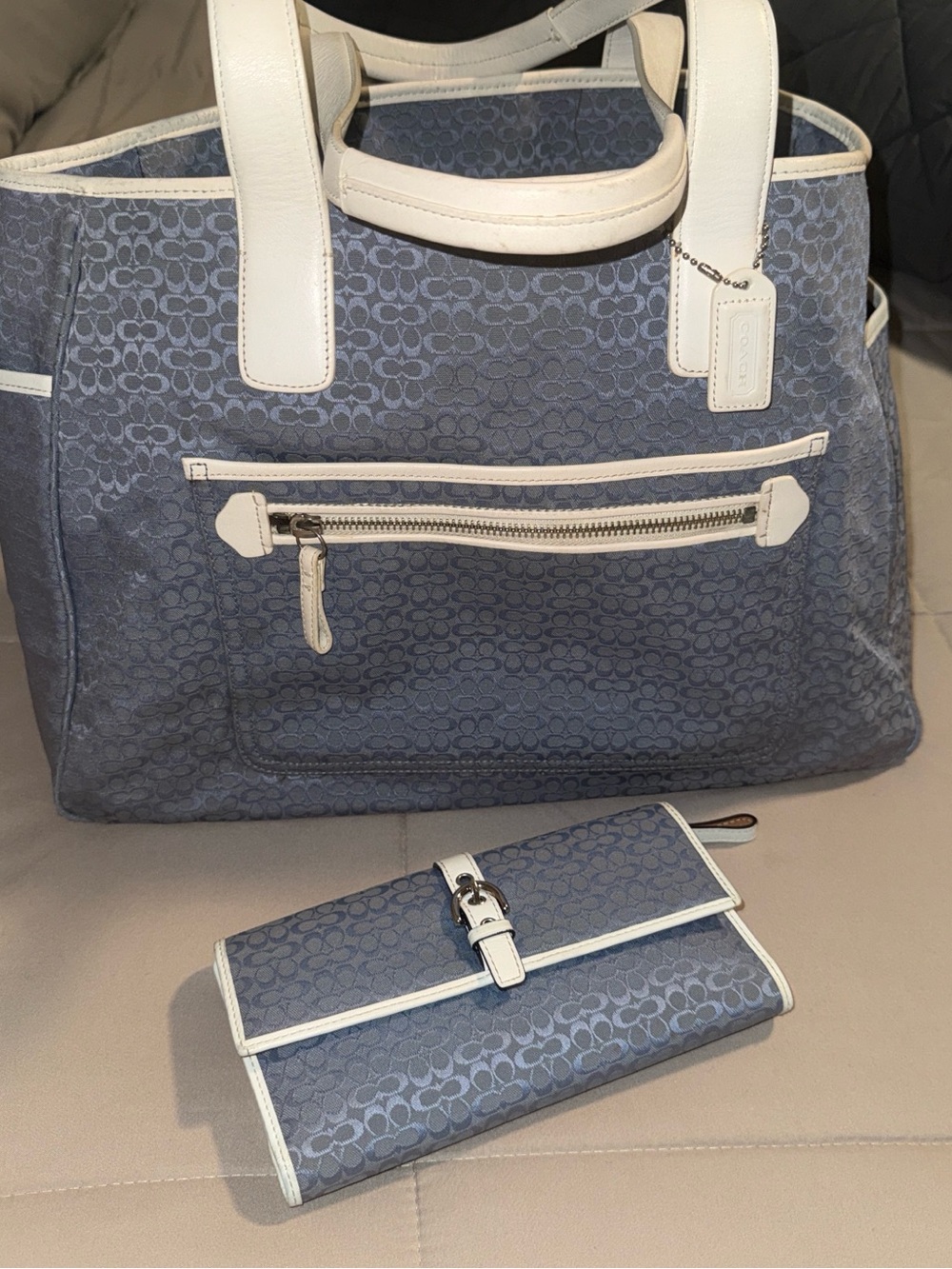 Coach Blue Signature Tote with White Trim and Matching Wallet &  Wristlet